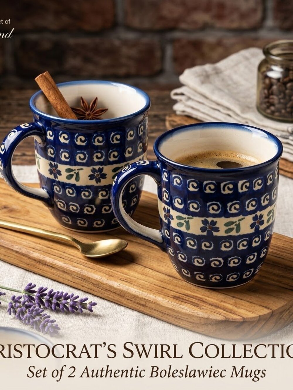 Boleslawiec Polish Pottery Mug SET OF 2 Blue Cream Unikat hand painted mugs